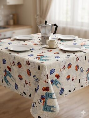 Vintage Style Fat Chef Bistro Pattern  Tablecloth 54" x 54" Square, New, Cream